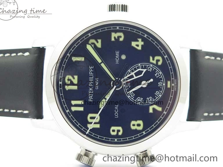 MIROTIME 0418 Practical Calatrava 5524 Pilot Travel Time SS GRF Blue Dial on Black Leather Strap A324 V 7107